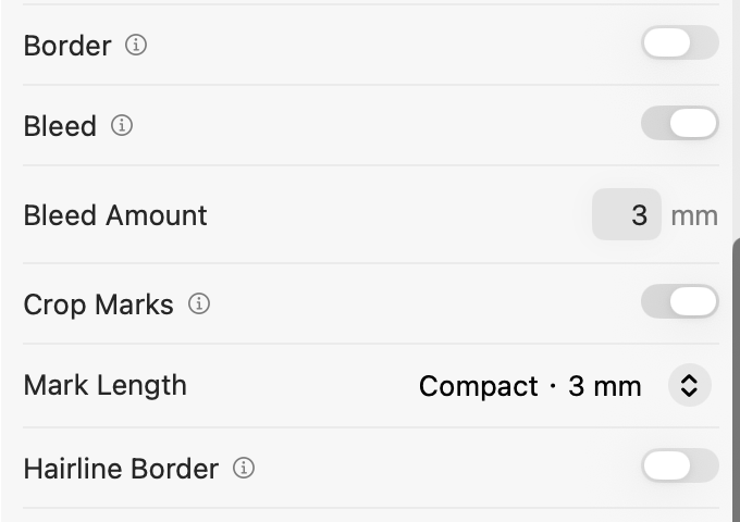 Echte PrintExactly-App-Oberfläche in englischer Sprache: Inspektor für den gewählten Fotorahmen mit aktiviertem Anschnitt von 3 mm, aktivierten Schnittmarken Kompakt · 3 mm sowie ausgeschaltetem Rand und ausgeschaltetem Haarlinienrand