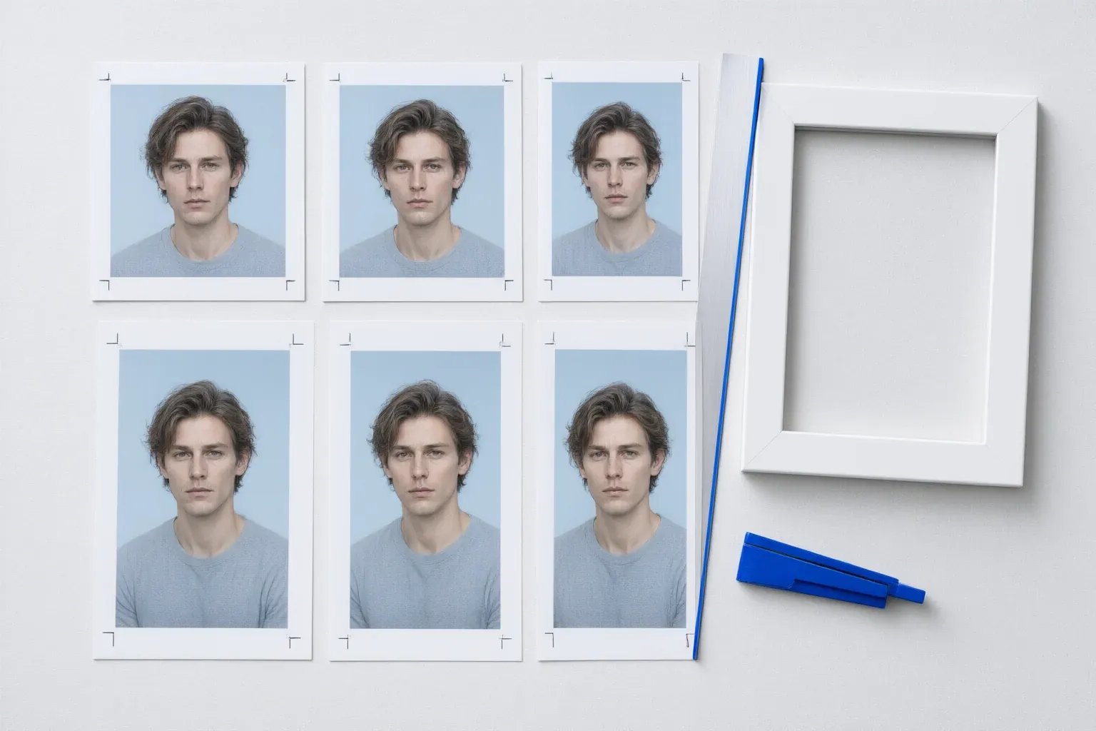 One headshot repeated in two print proportions beside an empty white photo frame