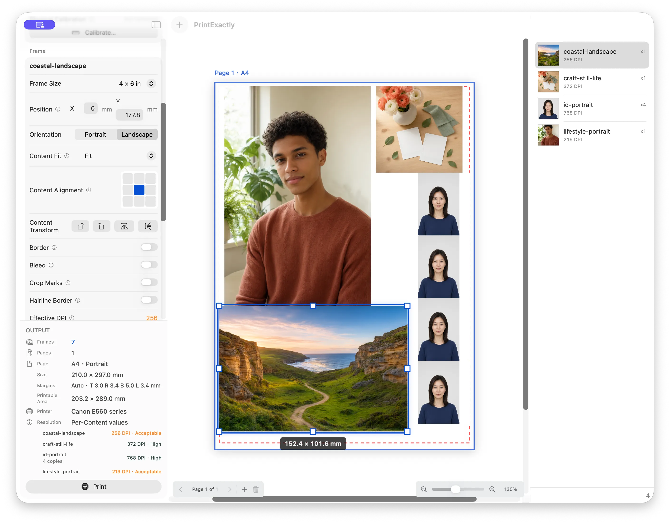 PrintExactly with a selected landscape 4 × 6 in Frame showing 152.4 × 101.6 mm dimensions on an A4 Page