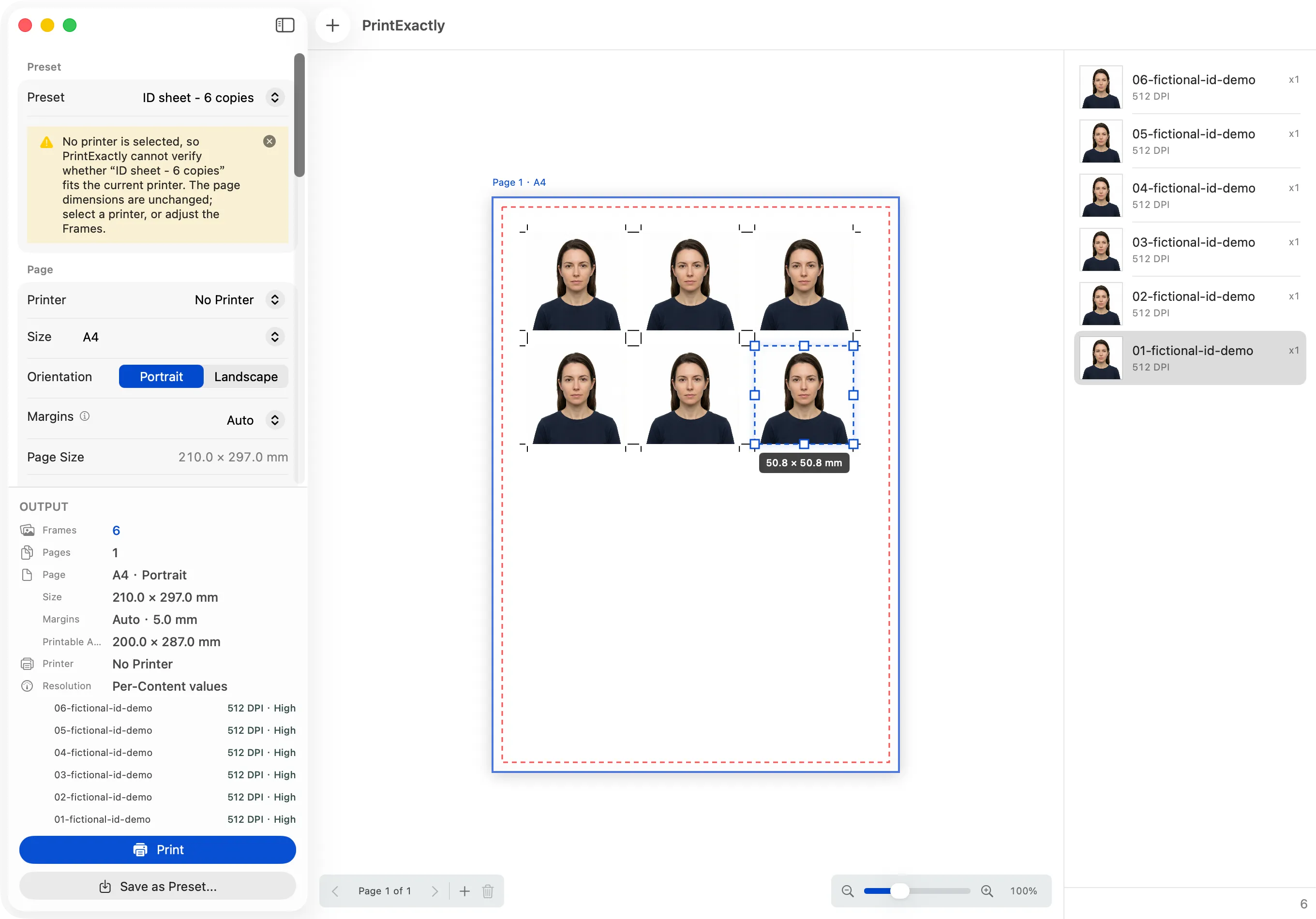 PrintExactly with the ID sheet - 6 copies preset selected in the Inspector above an A4 portrait Page; six 50.8 × 50.8 mm Frames in three columns and two rows, No Printer selected, a yellow no-printer verification warning, and 512 DPI Content for the selected Frame