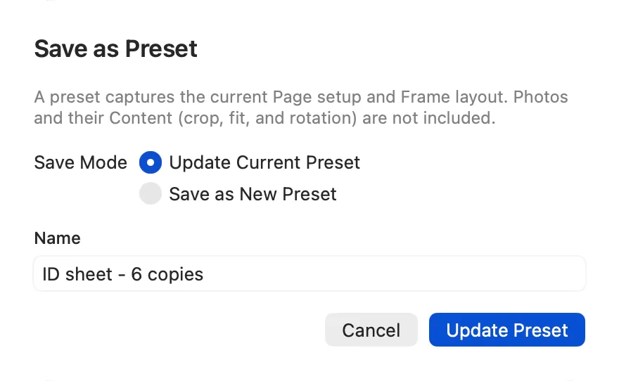 Cropped PrintExactly Save Preset sheet with Update Current Preset selected, Save as New Preset as the alternative, and the Update Preset button