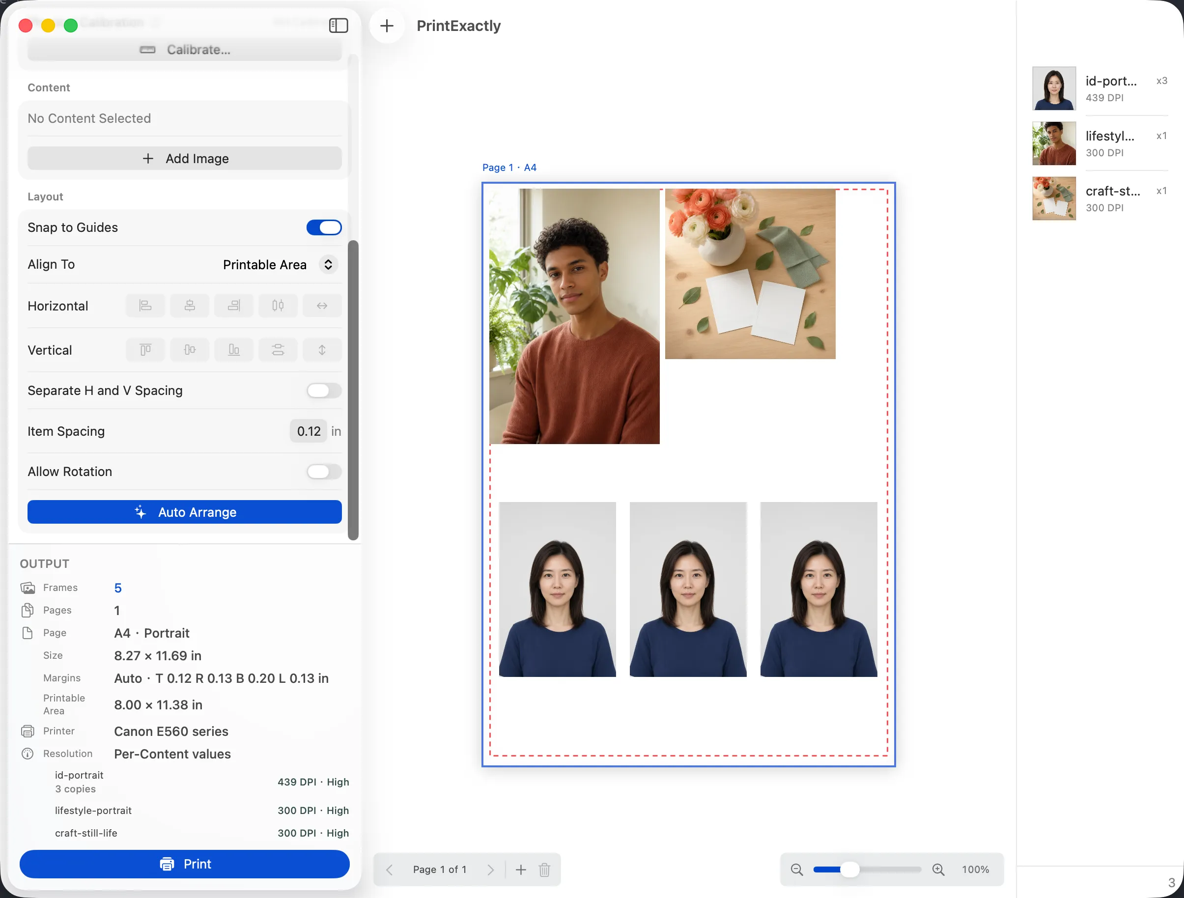 PrintExactly workspace showing 5 mixed-size Frames on an A4 portrait Page with a 300 DPI minimum Content resolution