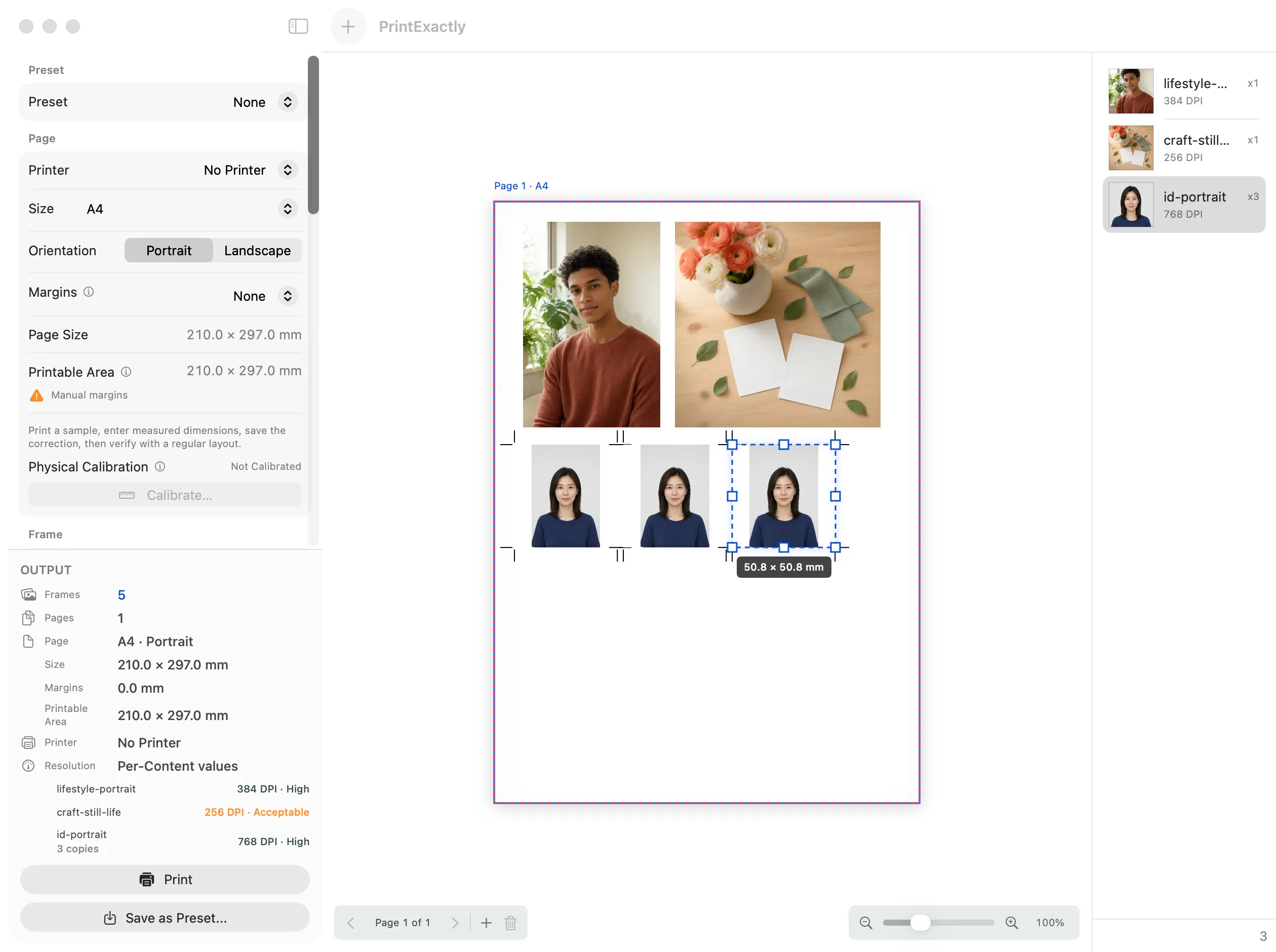 PrintExactly English app workspace with five mixed-size Frames on an A4 portrait Page, a 256 DPI minimum Content resolution, and no printer selected